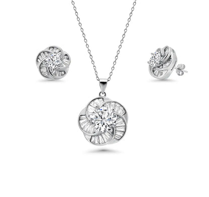 925 Sterling Silver Rhodium Plated Clear Baguette Spiral Flower CZ Earring and Necklace Set