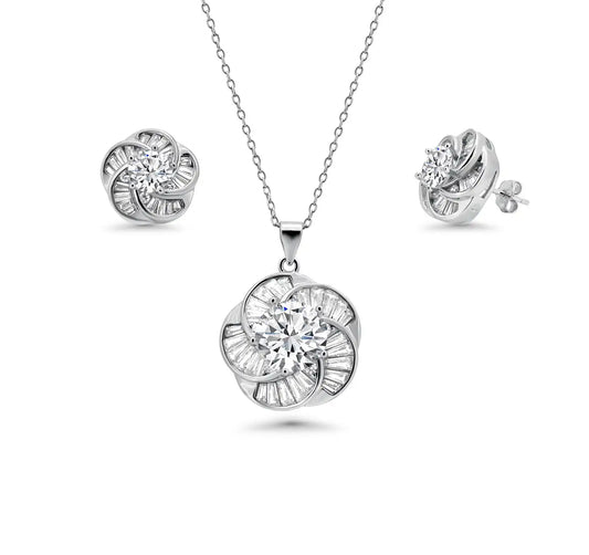 925 Sterling Silver Rhodium Plated Clear Baguette Spiral Flower CZ Earring and Necklace Set