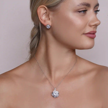 925 Sterling Silver Rhodium Plated Clear Baguette Spiral Flower CZ Earring and Necklace Set