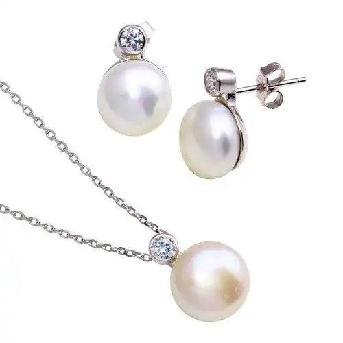 925 Sterling Silver Rhodium Plated Fresh Water Pearl Clear CZ Set