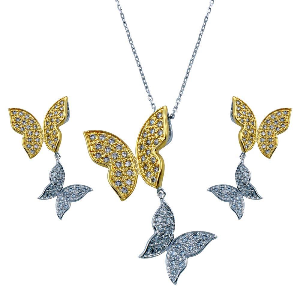 925 Sterling Silver Rhodium and Gold Plated Clear Butterfly CZ Dangling Matching Set