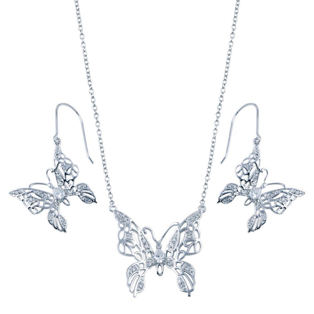 925 Sterling Silver Rhodium Plated Clear Filigree Butterfly CZ Hook Set