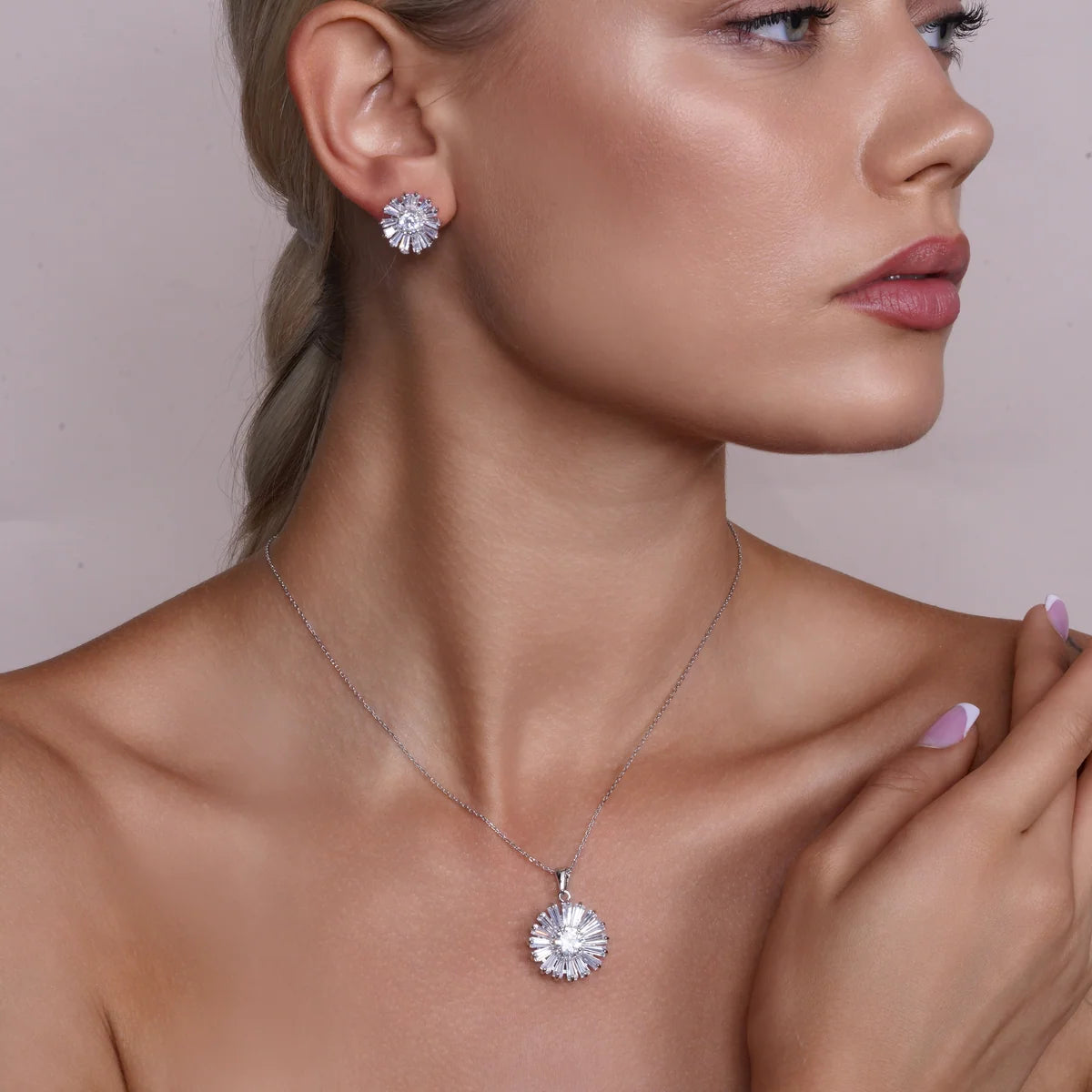925 Sterling Silver Rhodium Plated Clear Baguette Flower CZ Set