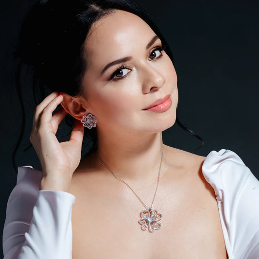 925 Silver Clearance-Rhodium Plated Flower Clear CZ Stud Earring and Necklace Set