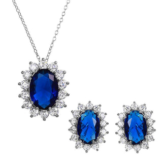 925 Silver Rhodium Plated Oval Halo Set with Blue and Clear CZ Stones