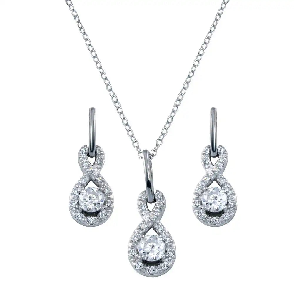 925 Sterling Silver Rhodium Plated Figure 8 Teardrop Clear CZ Dangling Stud Set