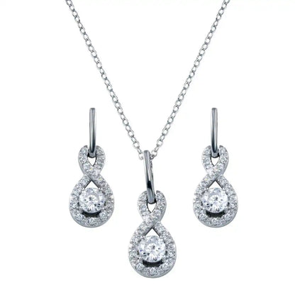 925 Sterling Silver Rhodium Plated Figure 8 Teardrop Clear CZ Dangling Stud Set
