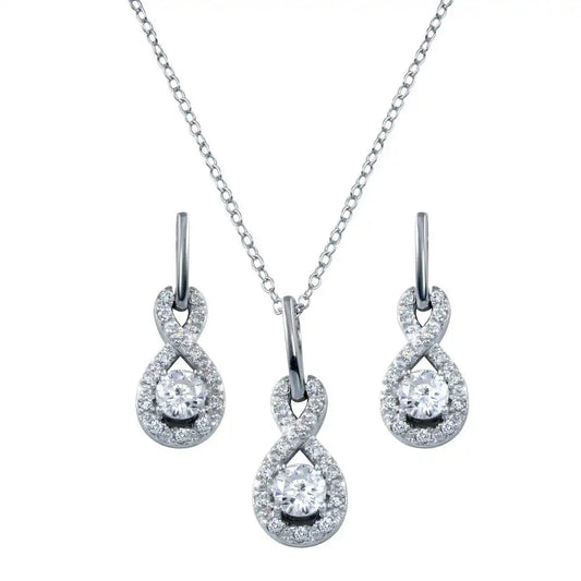 925 Sterling Silver Rhodium Plated Figure 8 Teardrop Clear CZ Dangling Stud Set