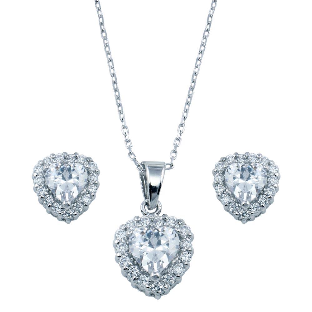 925 Sterling Silver Rhodium Plated Heart Clear CZ Set