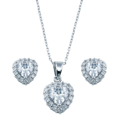 925 Sterling Silver Rhodium Plated Heart Clear CZ Set