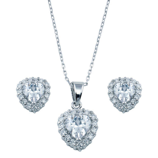 925 Sterling Silver Rhodium Plated Heart Clear CZ Set