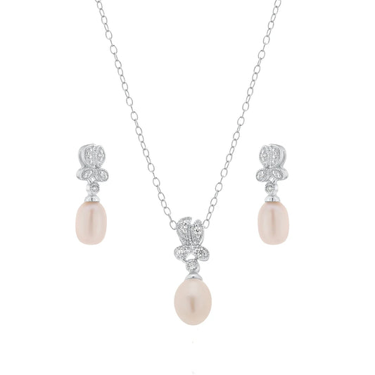 925 Silver Rhodium Plated Fresh Water Pearl Flower Clear CZ Hanging Set