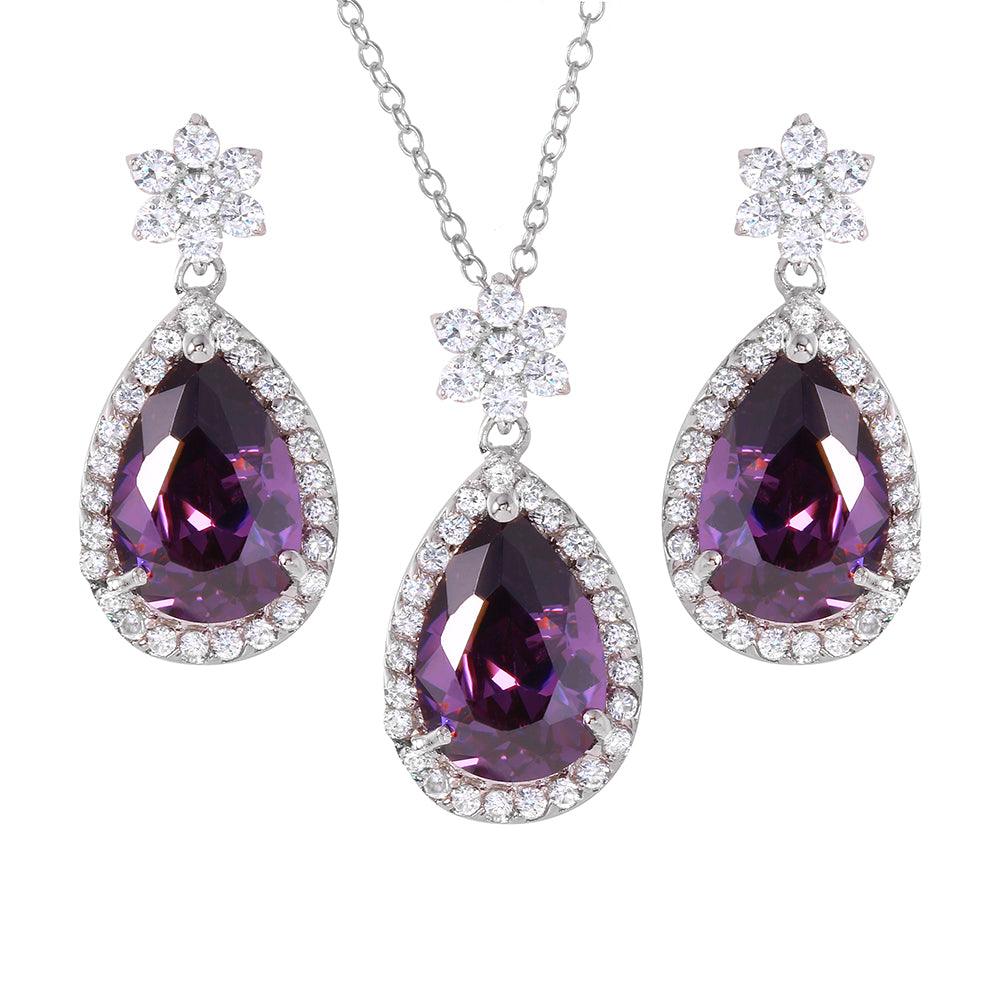 925 Silver Rhodium Plated Purple Pear Set