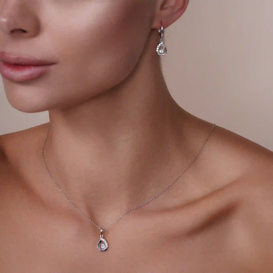 925 Sterling Silver Rhodium Plated Open Teardrop Clear CZ Leverback Earring and Necklace Set