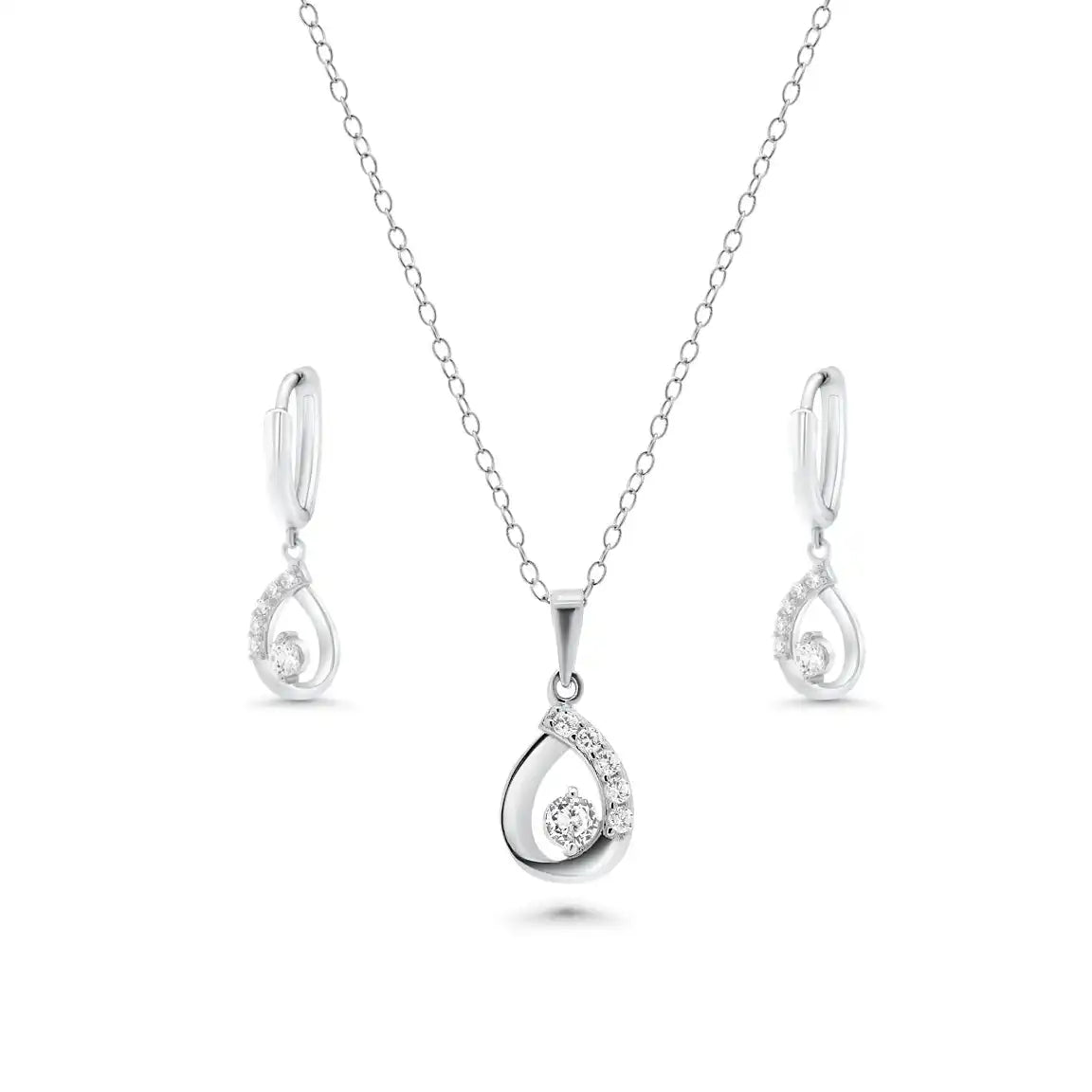 925 Sterling Silver Rhodium Plated Open Teardrop Clear CZ Leverback Earring and Necklace Set