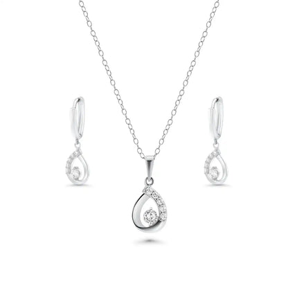 925 Sterling Silver Rhodium Plated Open Teardrop Clear CZ Leverback Earring and Necklace Set