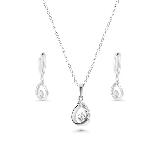 925 Sterling Silver Rhodium Plated Open Teardrop Clear CZ Leverback Earring and Necklace Set