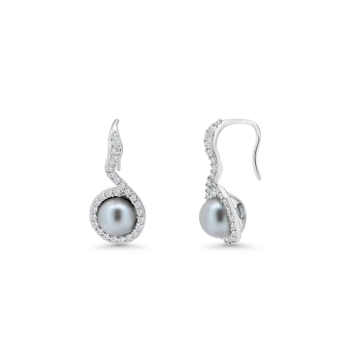 925 Sterling Silver Rhodium Plated Black Pearl Clear CZ Hanging Stud Earring and Necklace Set