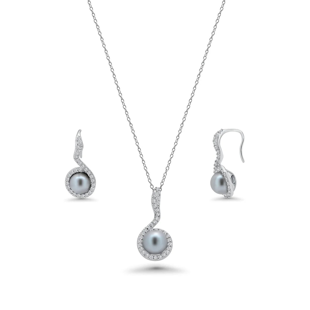 925 Sterling Silver Rhodium Plated Black Pearl Clear CZ Hanging Stud Earring and Necklace Set