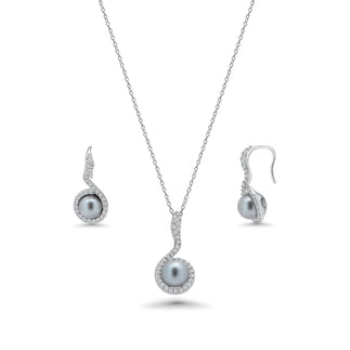 925 Sterling Silver Rhodium Plated Black Pearl Clear CZ Hanging Stud Earring and Necklace Set