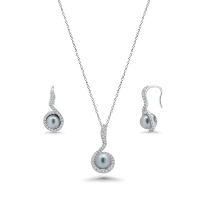 925 Sterling Silver Rhodium Plated Black Pearl Clear CZ Hanging Stud Earring and Necklace Set