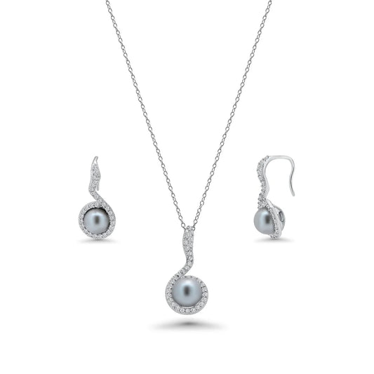 925 Sterling Silver Rhodium Plated Black Pearl Clear CZ Hanging Stud Earring and Necklace Set