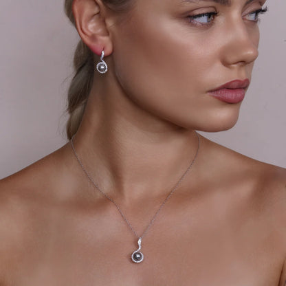 925 Sterling Silver Rhodium Plated Black Pearl Clear CZ Hanging Stud Earring and Necklace Set