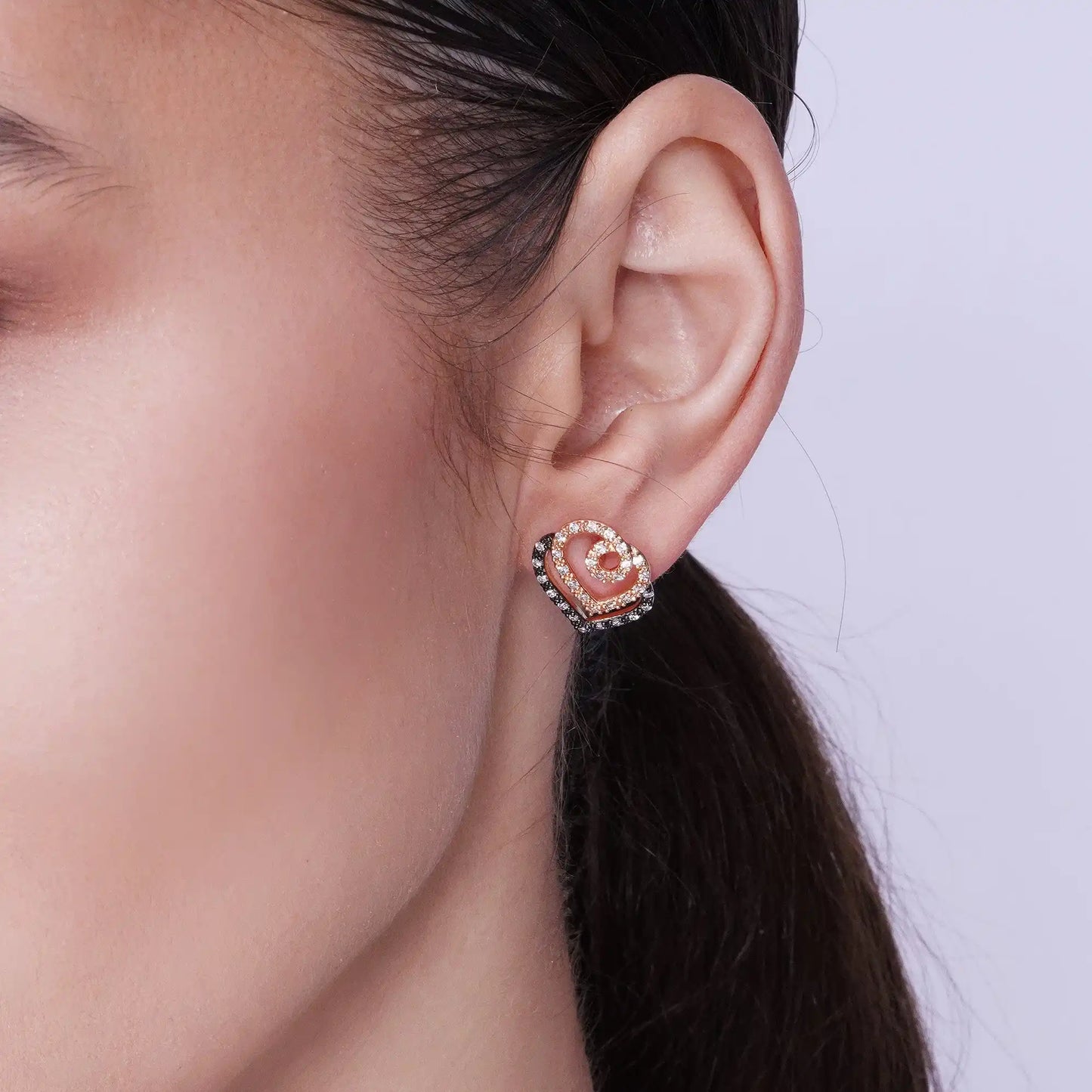 925 Sterling Silver Clearance Black Rhodium and Rose Gold Plated Open Curl Heart Clear CZ Stud Earring and Necklace Set