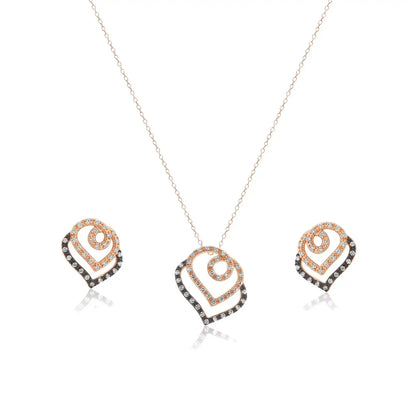 925 Sterling Silver Clearance Black Rhodium and Rose Gold Plated Open Curl Heart Clear CZ Stud Earring and Necklace Set