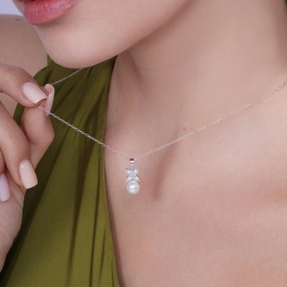 925 Sterling Silver Rhodium Plated Clear CZ Hanging Pearl Butterfly Set