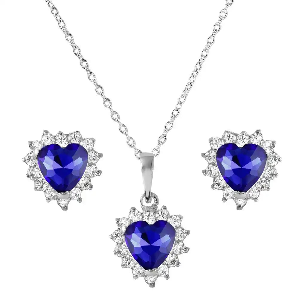 925 Sterling Silver Rhodium Plated Round and Heart Shaped Clear and Blue CZ Dangling Stud Earrings and Necklace Set