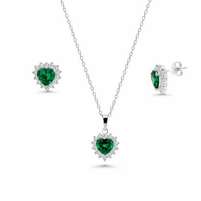 925 Silver Rhodium Plated CZ Birthstone Heart & Cluster Earring and Necklace Set