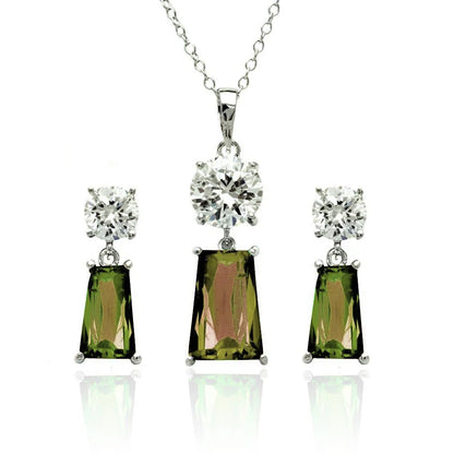 925 Sterling Silver Rhodium Plated Clear Round Rectangular CZ Birthstone Earring and Pendant Set