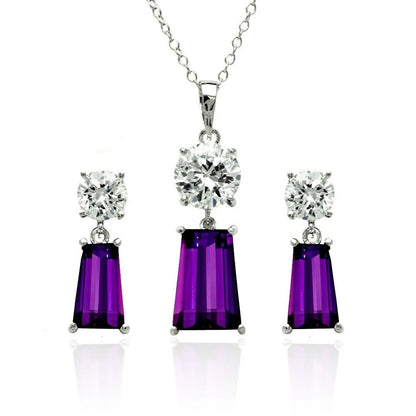 925 Sterling Silver Rhodium Plated Clear Round Rectangular CZ Birthstone Earring and Pendant Set