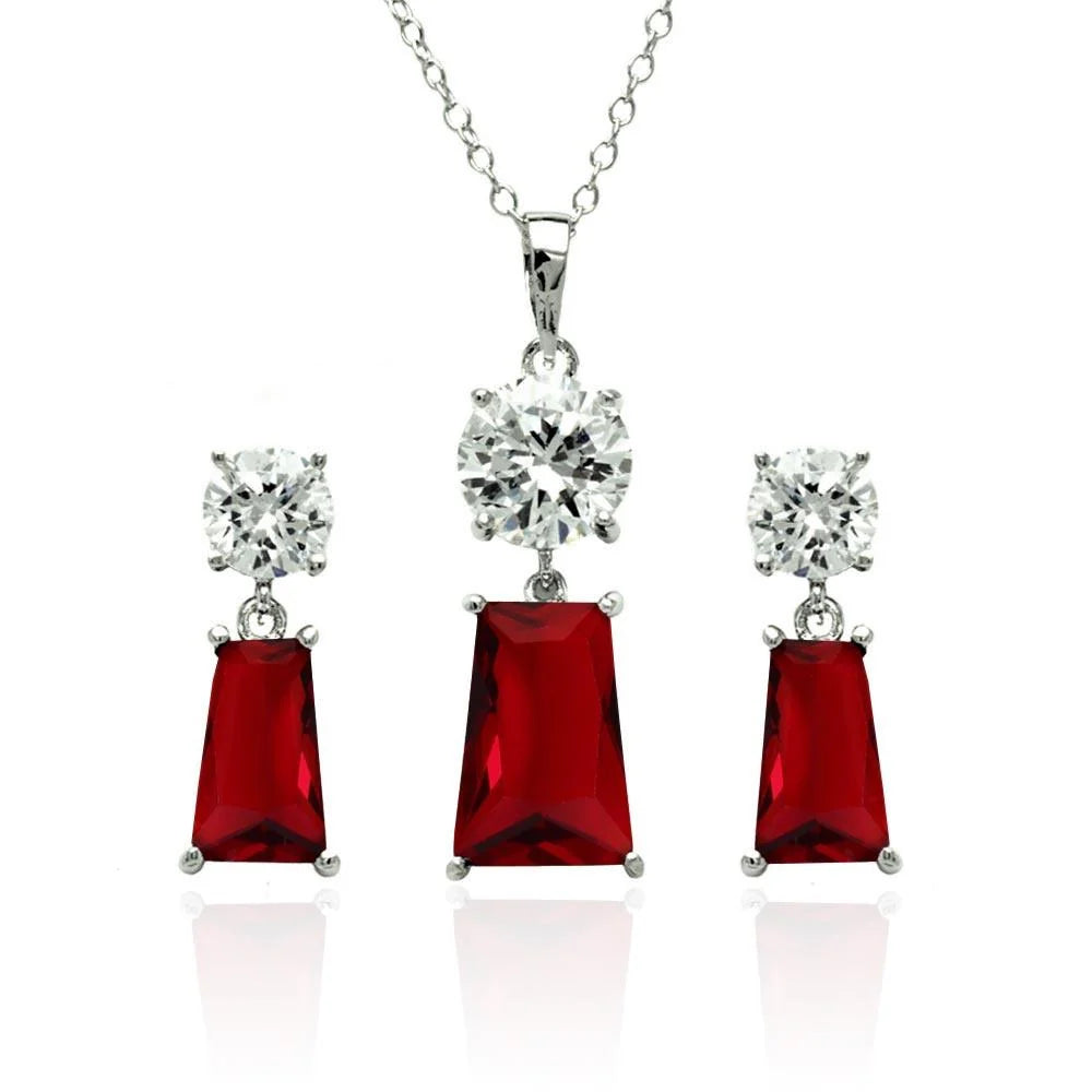 925 Sterling Silver Rhodium Plated Clear Round Rectangular CZ Birthstone Earring and Pendant Set
