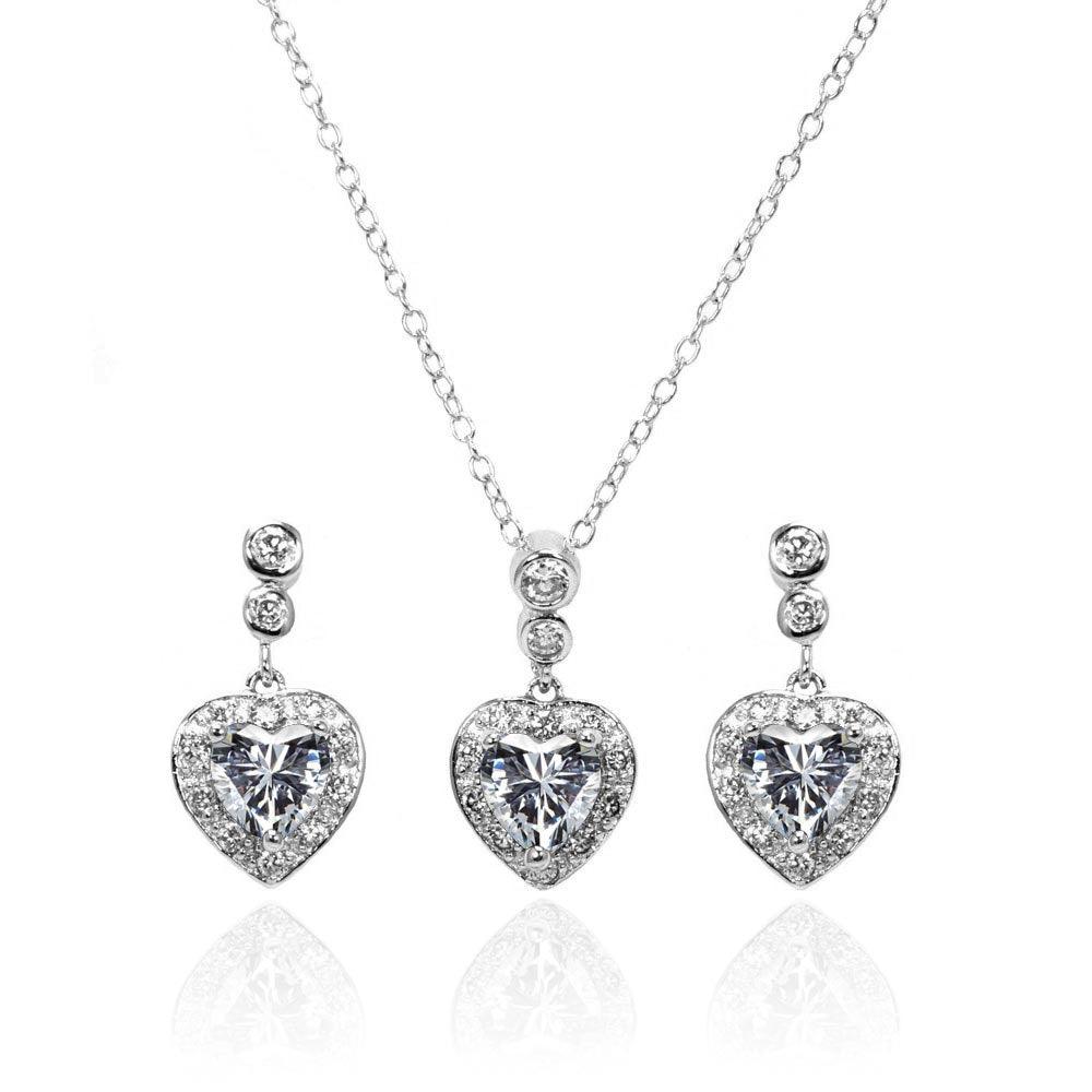 925 Silver Rhodium Plated Clear Round and Heart Shaped CZ Dangling Stud Earring and Necklace Set