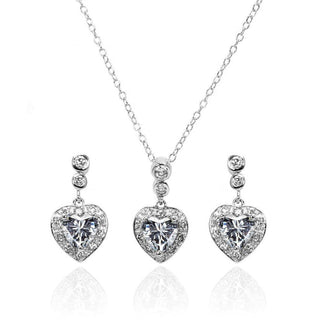 925 Silver Rhodium Plated Clear Round and Heart Shaped CZ Dangling Stud Earring and Necklace Set