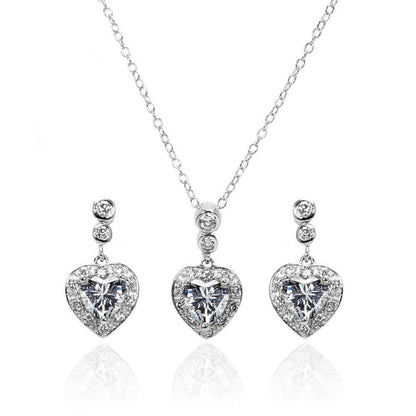 925 Silver Rhodium Plated Clear Round and Heart Shaped CZ Dangling Stud Earring and Necklace Set
