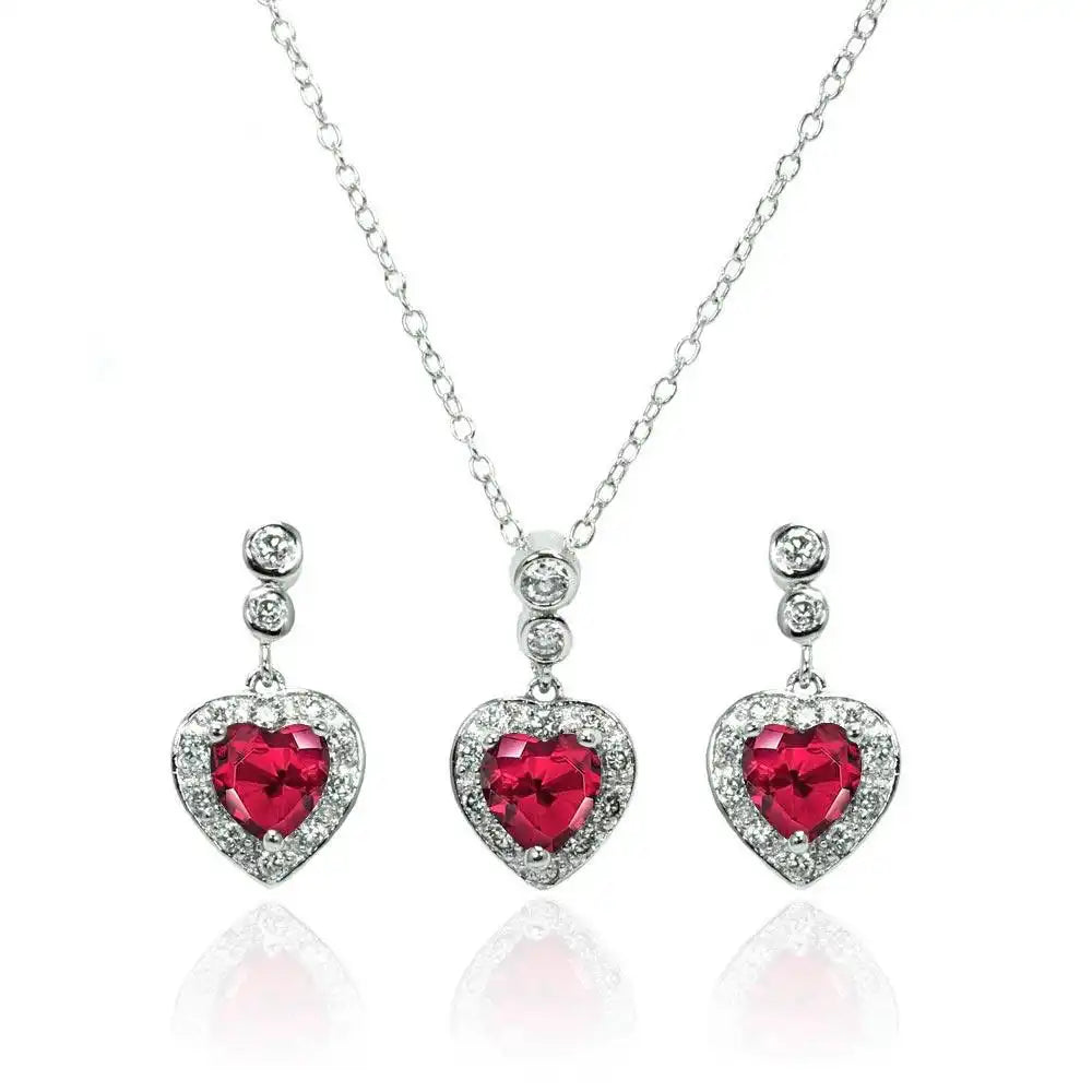 925 Sterling Silver Rhodium Plated Clear and Red Heart CZ Dangling Stud Earring and Necklace Set