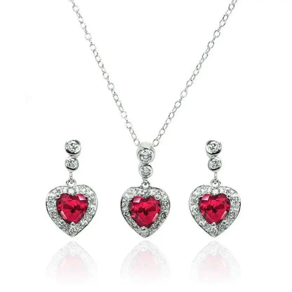 925 Sterling Silver Rhodium Plated Clear and Red Heart CZ Dangling Stud Earring and Necklace Set