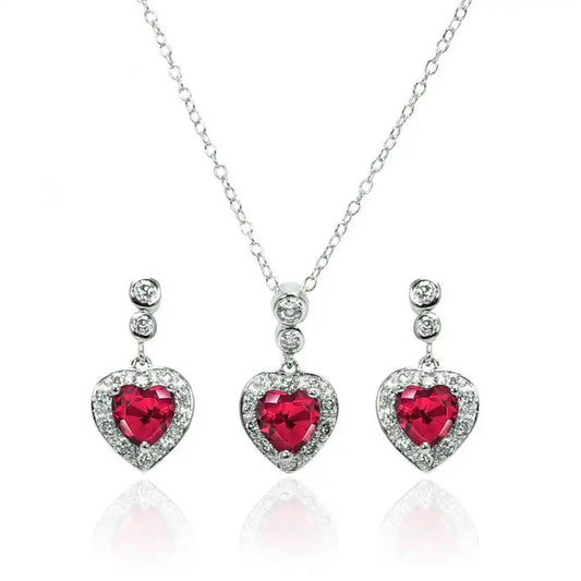 925 Sterling Silver Rhodium Plated Clear and Red Heart CZ Dangling Stud Earring and Necklace Set