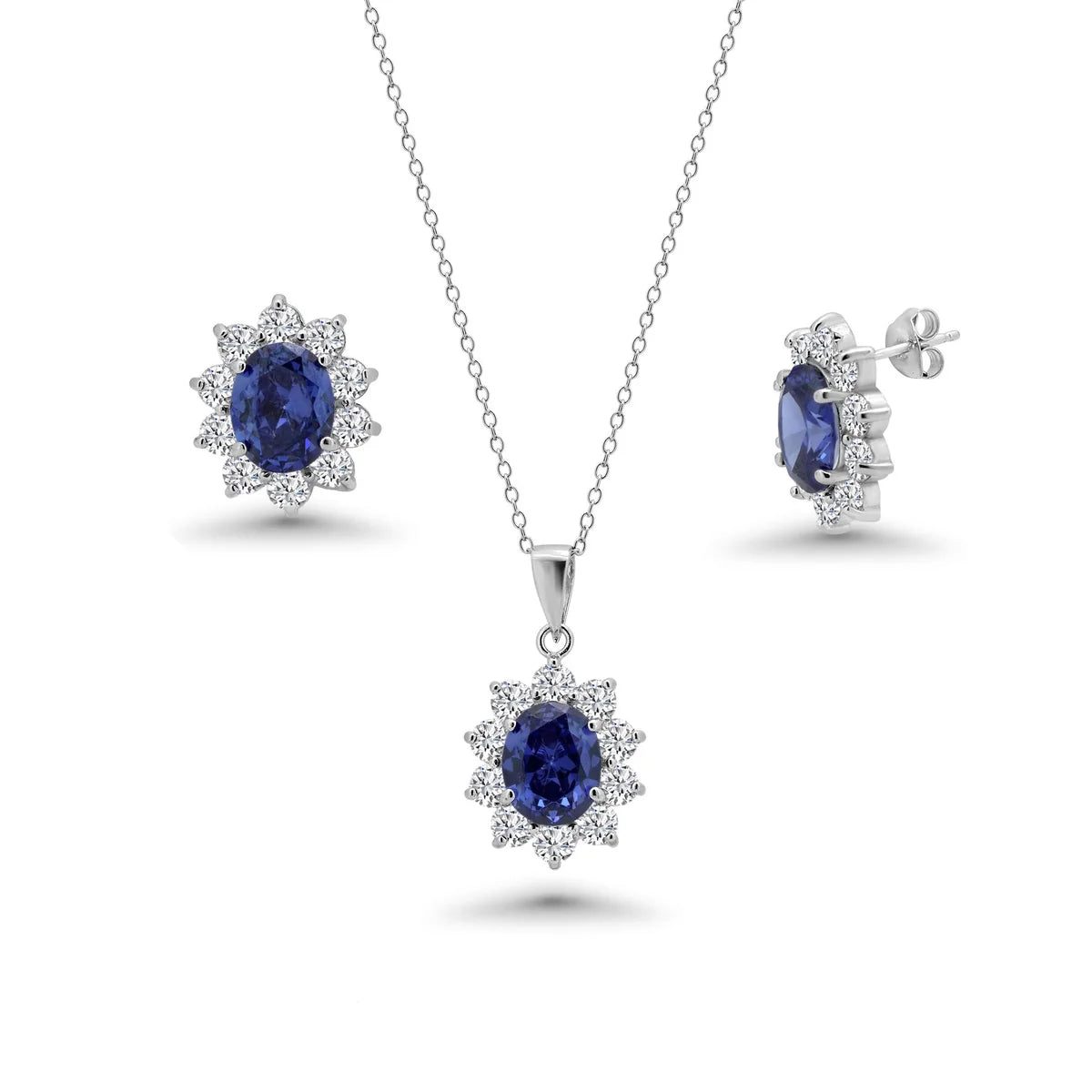 925 Silver Rhodium Plated Clear & Blue Oval CZ Earring and Necklace Set