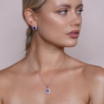 925 Silver Rhodium Plated Clear & Blue Oval CZ Earring and Necklace Set