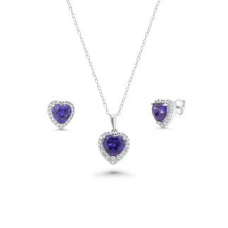 925 Sterling Silver Rhodium Plated Clear Cluster Blue Heart CZ Stud Earring and Necklace Set
