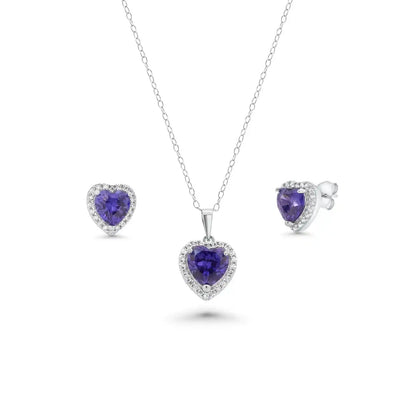 925 Sterling Silver Rhodium Plated Clear Cluster Blue Heart CZ Stud Earring and Necklace Set
