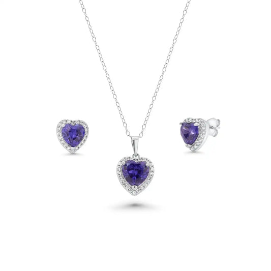 925 Sterling Silver Rhodium Plated Clear Cluster Blue Heart CZ Stud Earring and Necklace Set