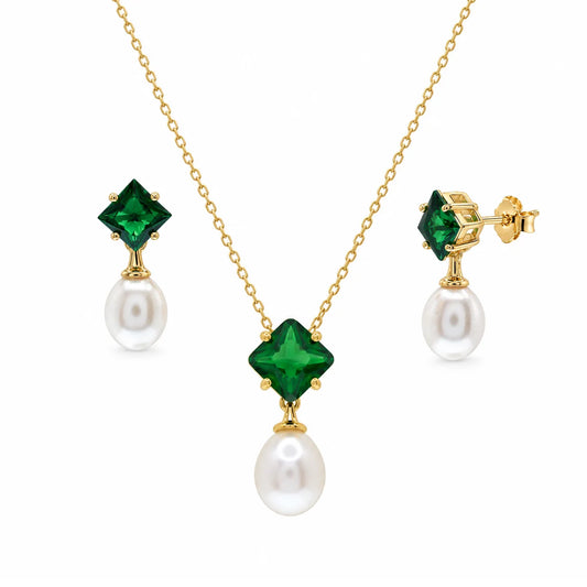 925 Sterling Silver Gold Plated Pearl Drop Diamond Shaped CZ Birthstone Earring and Necklace Set