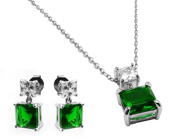 925 Sterling Silver Rhodium Plated Square Birthstone CZ Hanging Set