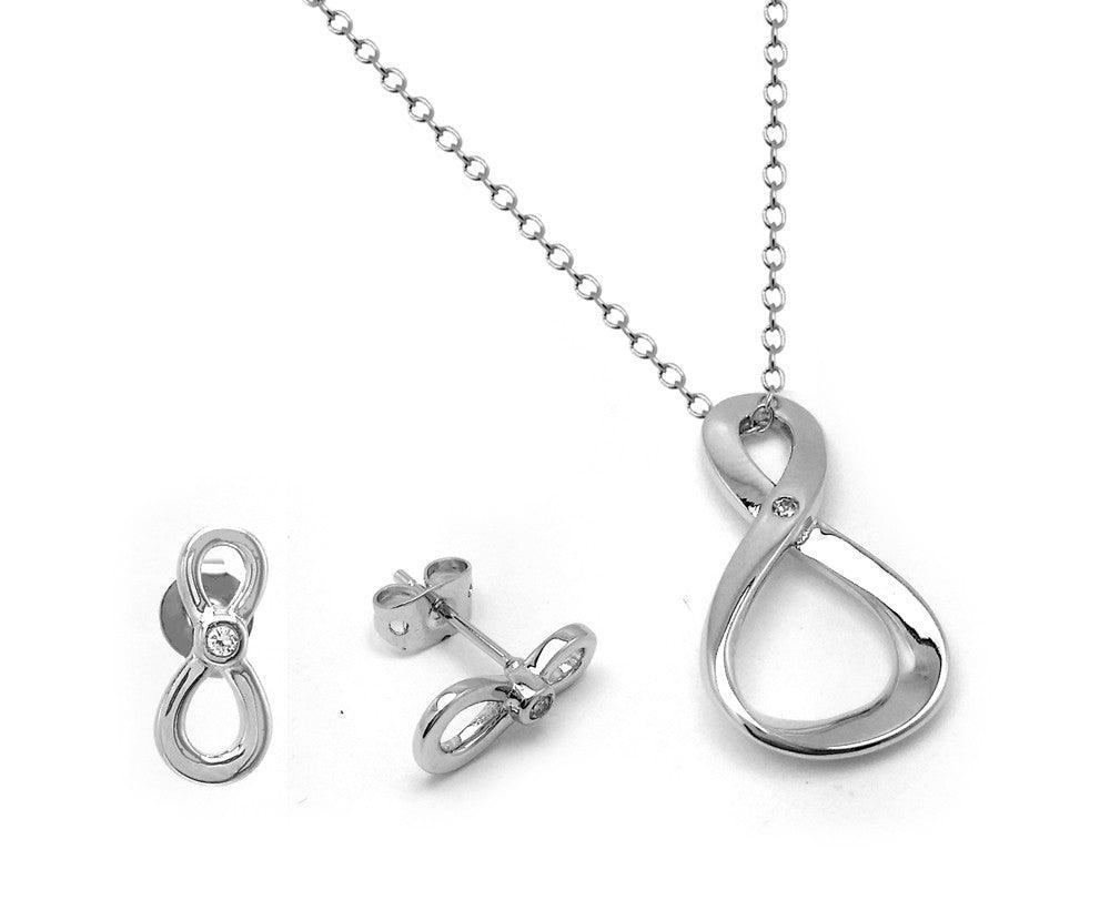 925 Silver Rhodium Plated Figure 8 Infinity Single Set Clear CZ Stud Earring and Necklace Set
