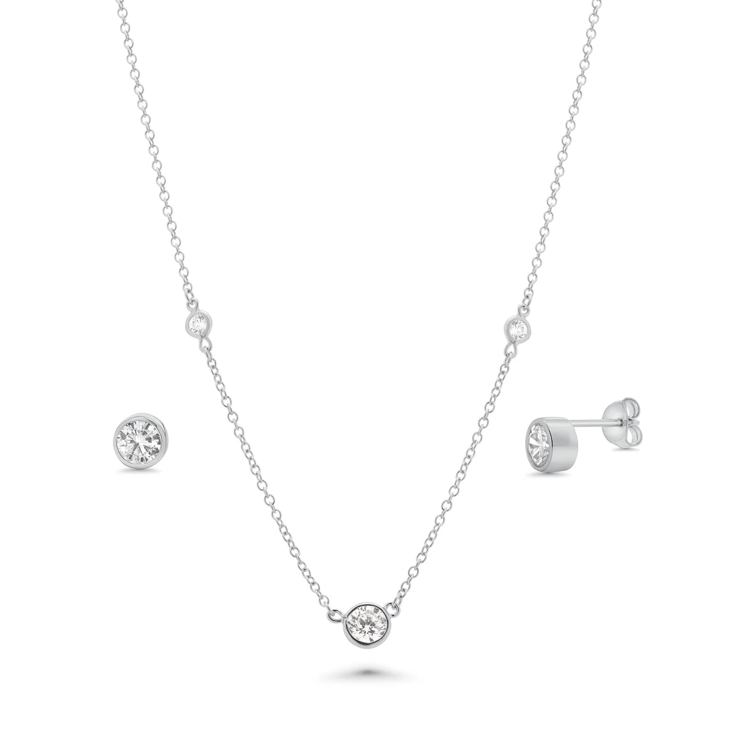 925 Sterling Silver Rhodium Plated Clear Individual CZ Stud Earring and Bezel Chain Necklace Set